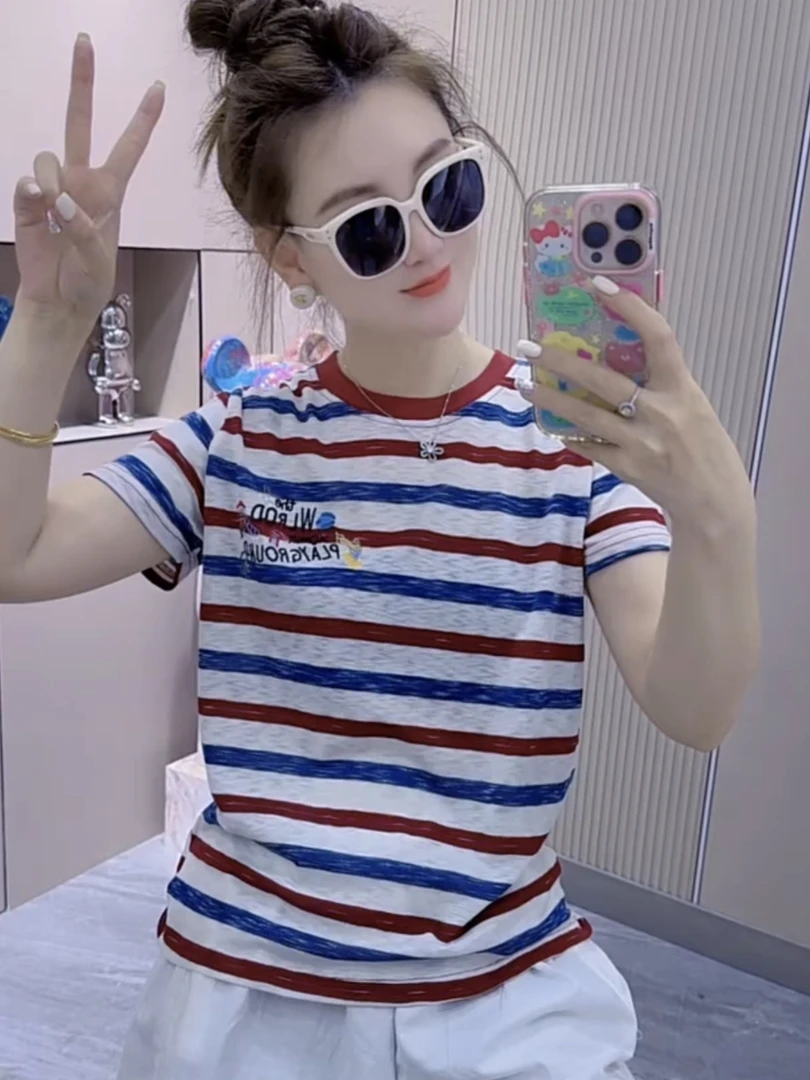 欧洲站2025夏季新款字母刺绣条纹短袖t恤女时尚百搭显瘦圆领上衣