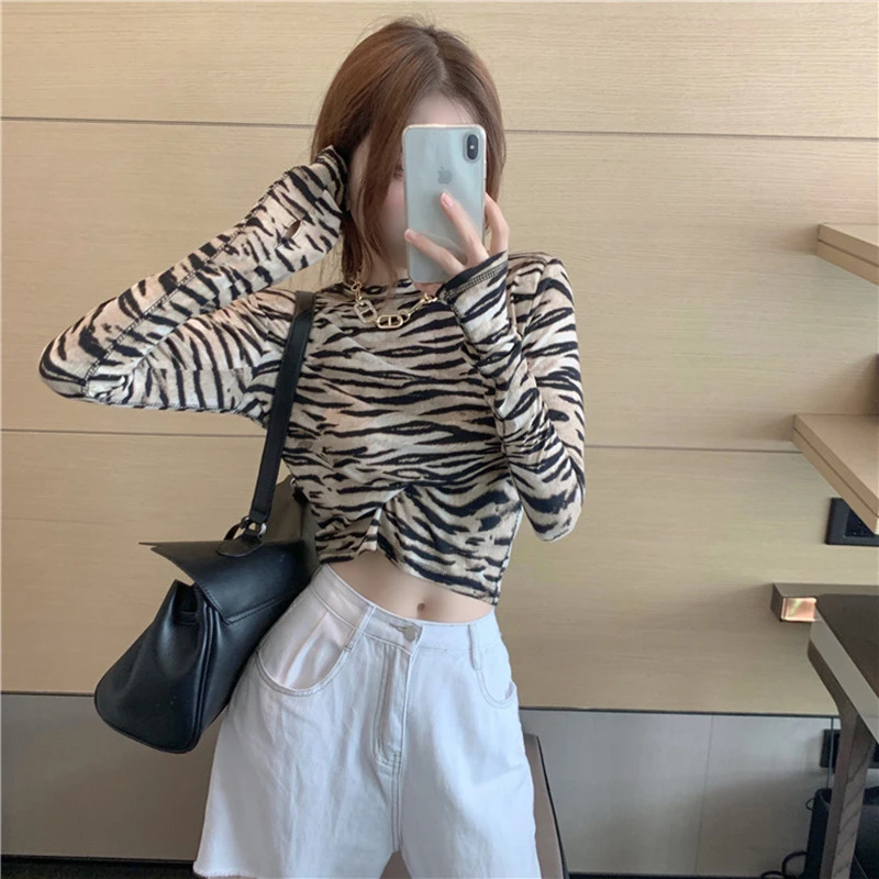 韩系斑马纹长袖t恤女秋装2025新修身性感短款百搭上衣打底衫内搭