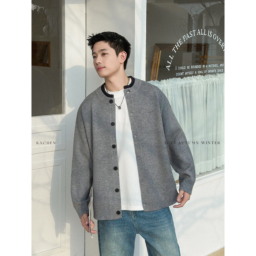 嘉琛/ Kachen /假两件’ins秋冬拼接撞色双层领针织开衫外套