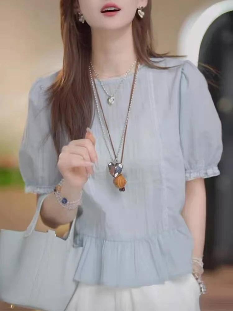 法式圆领蕾丝花边感棉布上衣女2025夏季新款休闲宽松绝美漂亮小衫