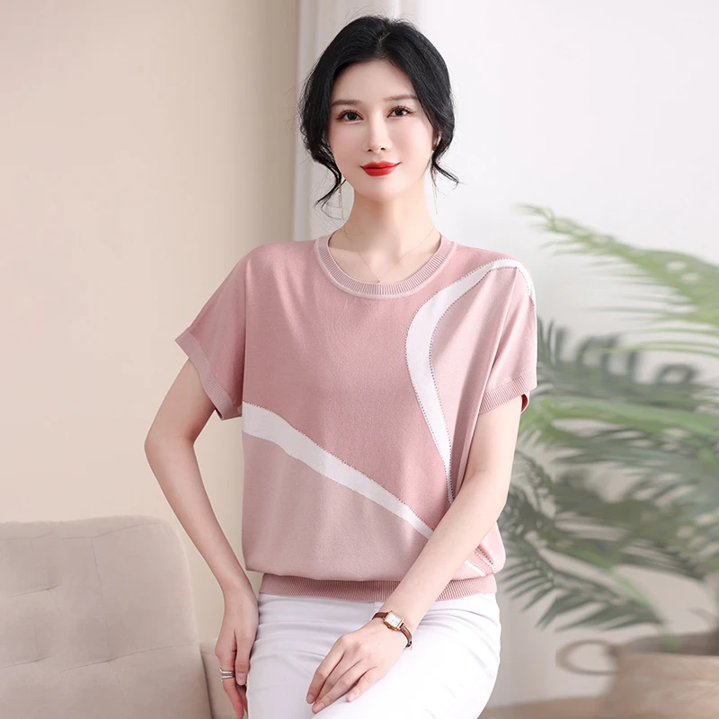 2025新款妈妈夏装洋气冰丝短袖T恤上衣中老年女宽松针织时尚小衫
