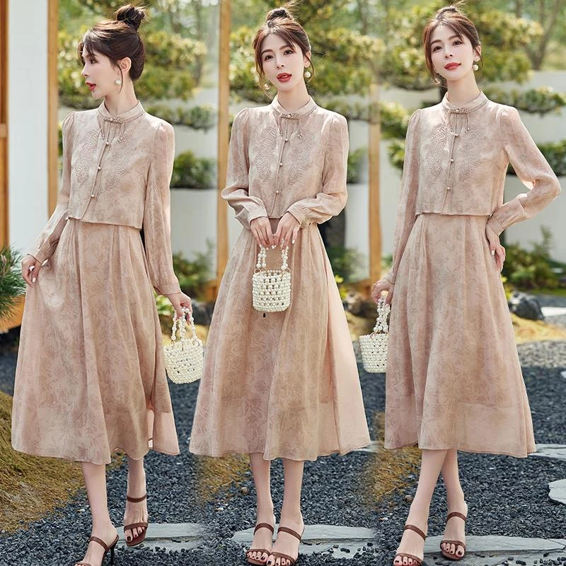 新中式国风改良旗袍套装女2025夏季新款时尚提花吊带连衣裙两件套
