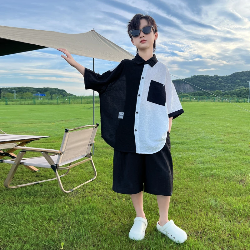 【实体品质】儿童衬衫拼接套装2025新款休闲潮流短袖夏季上衣裤子
