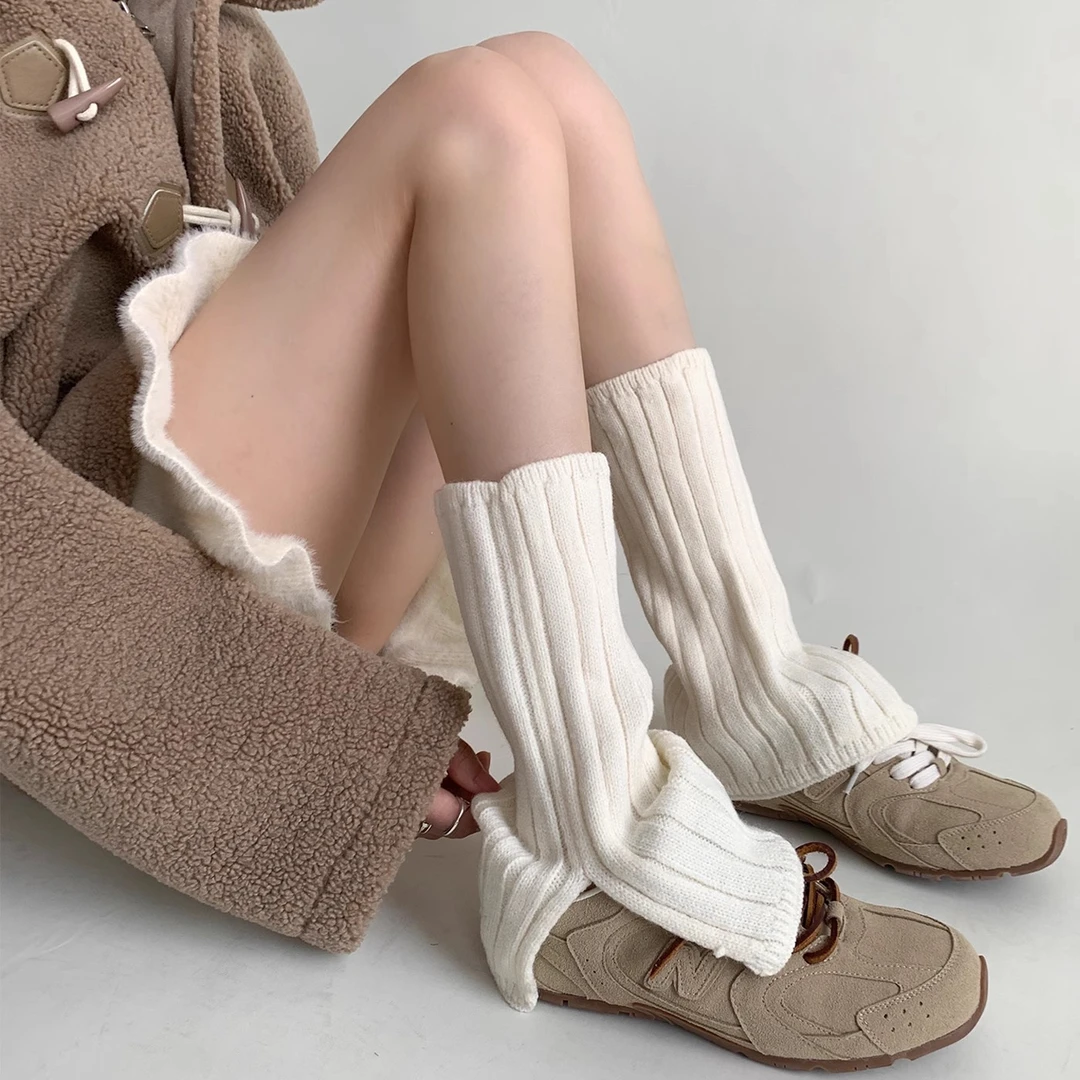 夜间教习室白色开叉袜套秋冬宽条纹简约慵懒风中筒堆堆袜子女腿套