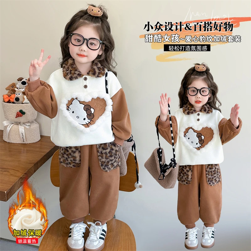 女童加绒豹纹套装秋冬款洋气女宝宝polo卫衣一体绒两件套小童时髦