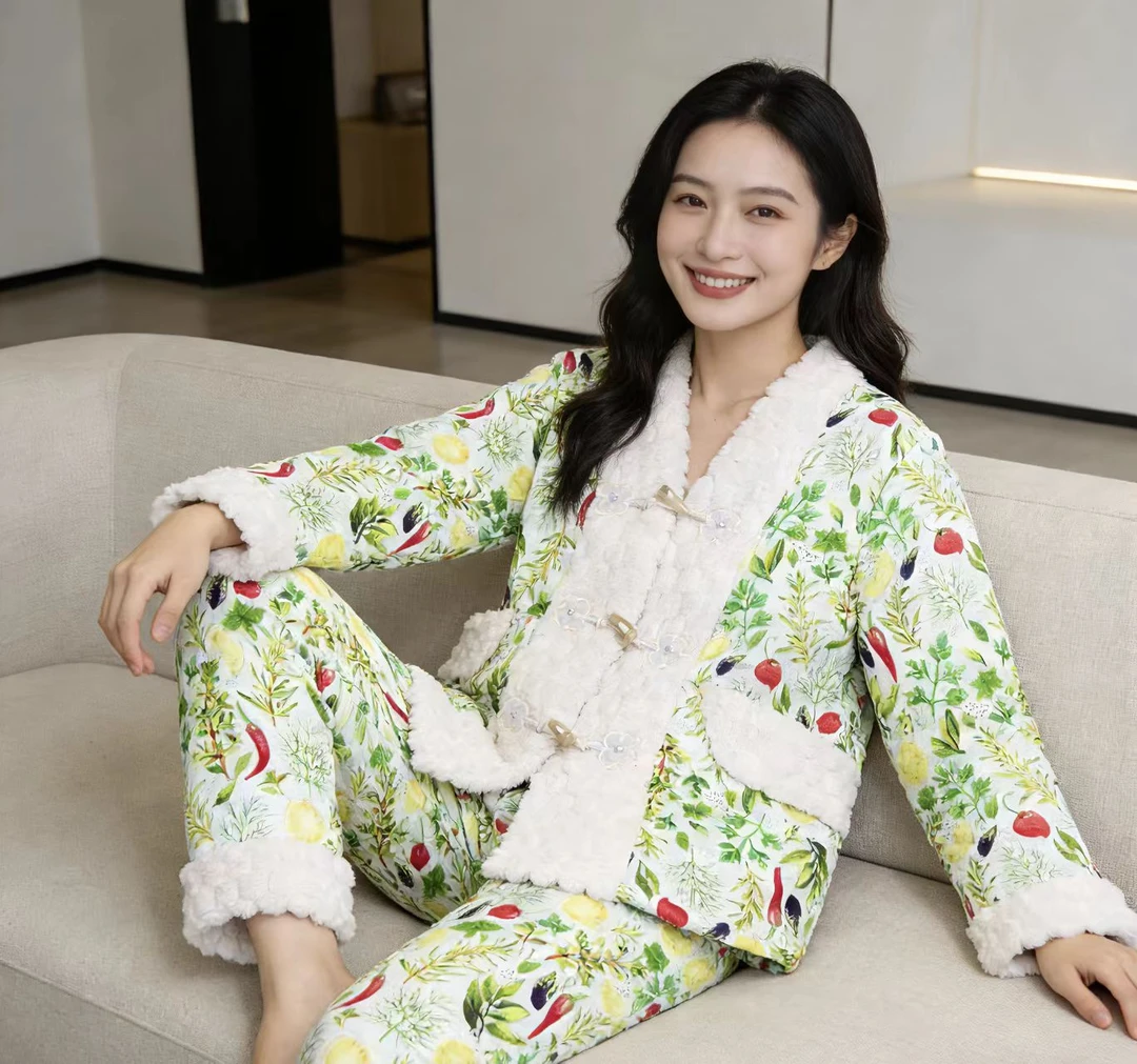 秋冬夹棉家居服印花成人长袖家居服套装胖妈妈睡衣女保暖舒适套装