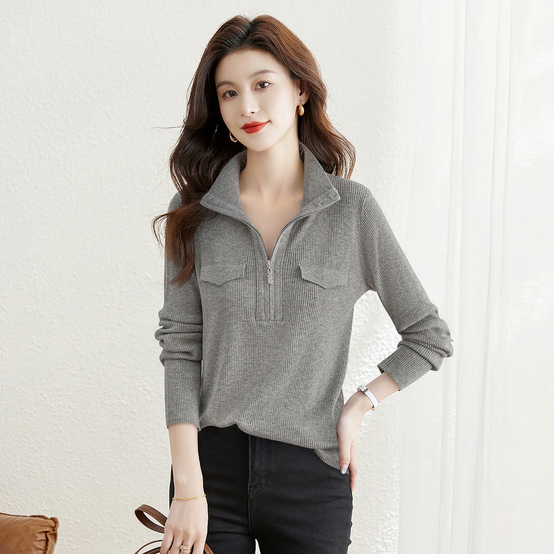 丝柏舍2025绵羊毛冬新款女修身套头短款半拉链针织衫S53K3070Z