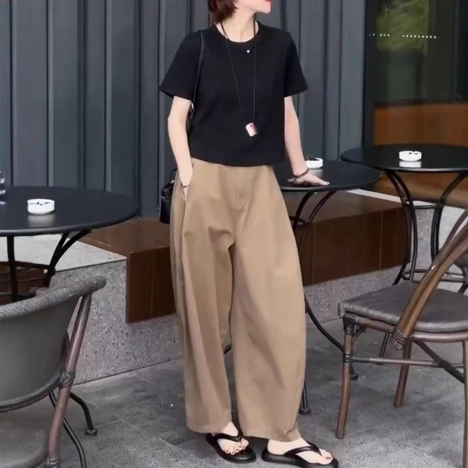 2025夏季新款简约后背排扣短袖T恤阔腿裤时尚显瘦