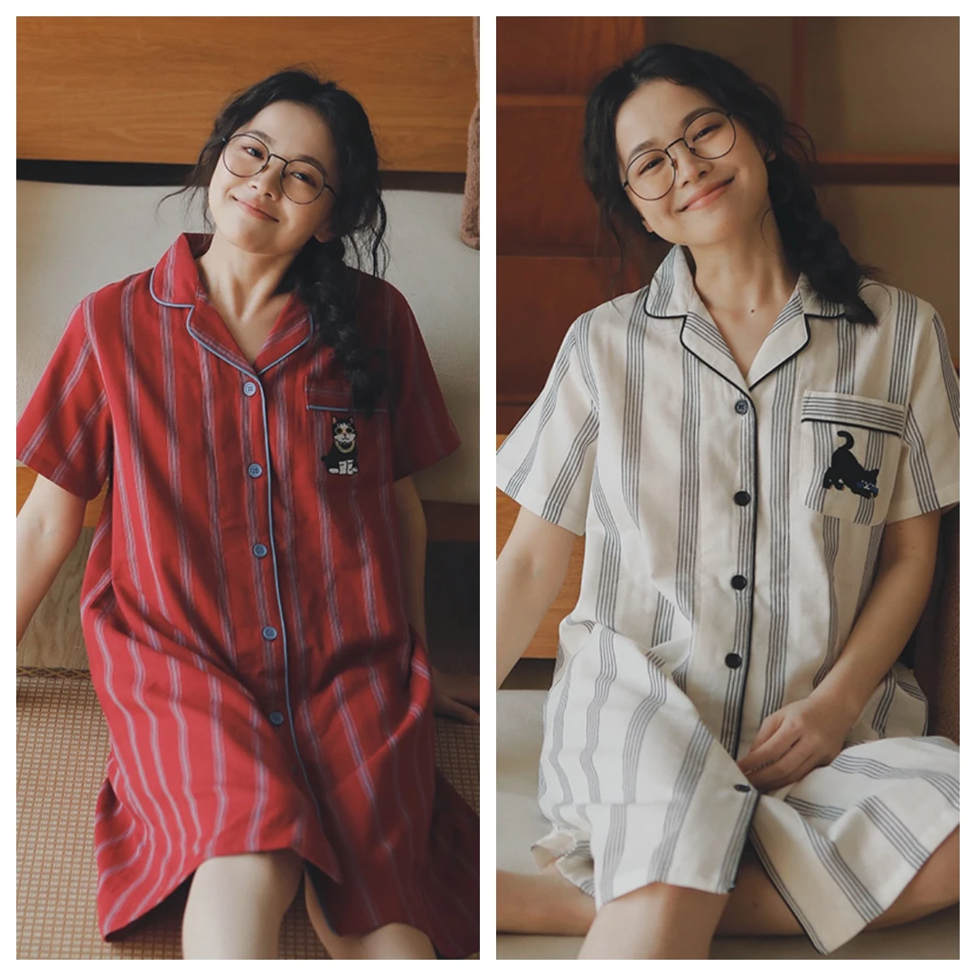 【段姐家居服】刺绣条纹短袖睡裙睡衣女春夏款大码简约纯棉溜达遛弯