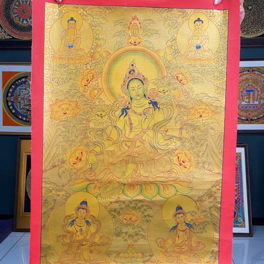 卷轴画绿度母手绘金箔唐卡