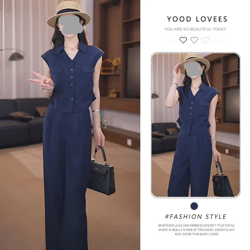 2025夏季新款西装无袖马甲直筒阔腿长裤时尚休闲两件套通勤套装女