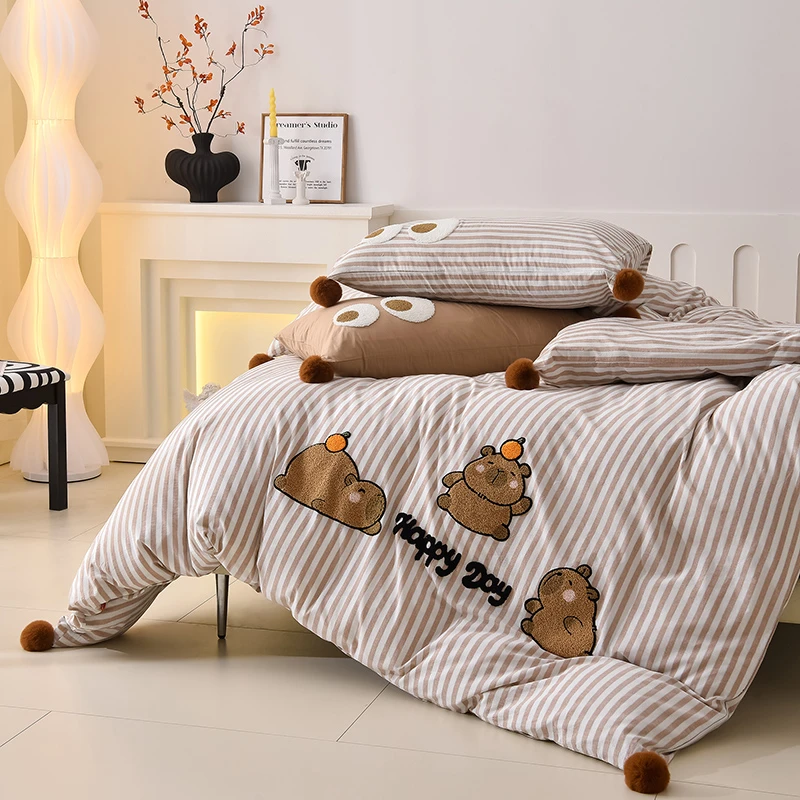 新款毛球卡通毛巾绣A类全棉40支水洗棉四件套