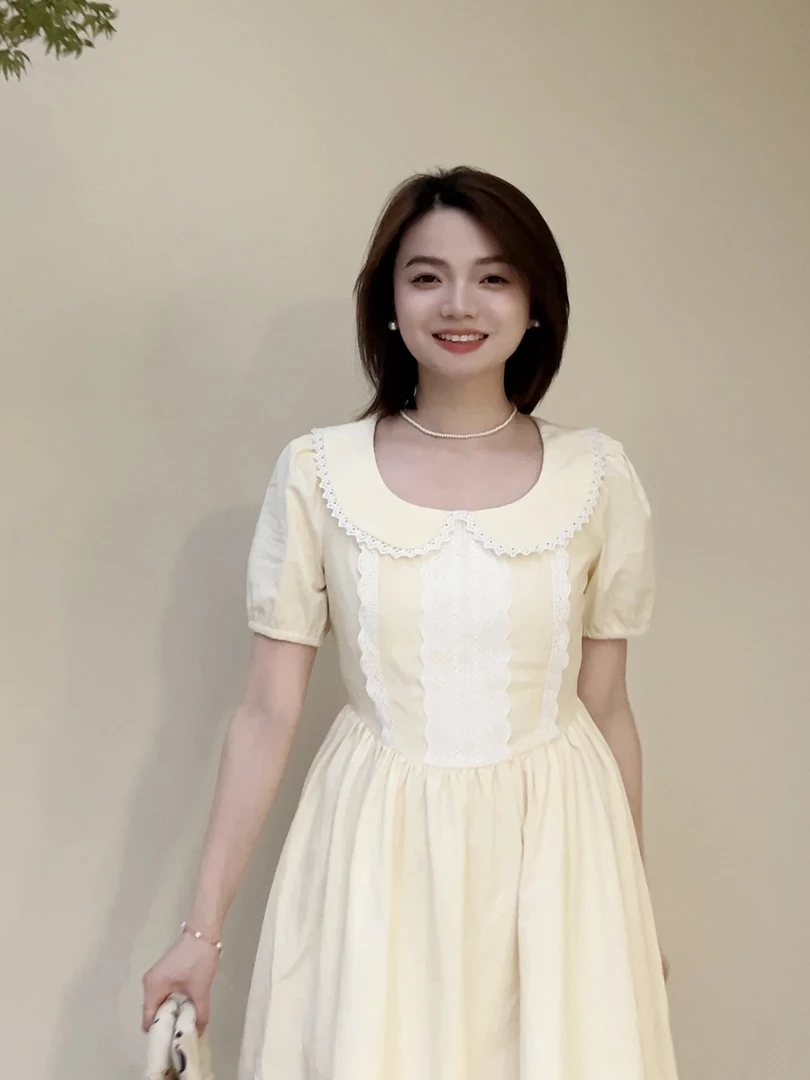 小美人鱼小个子定制长裙娃娃领连衣裙优雅公主裙圆领淡黄色夏季