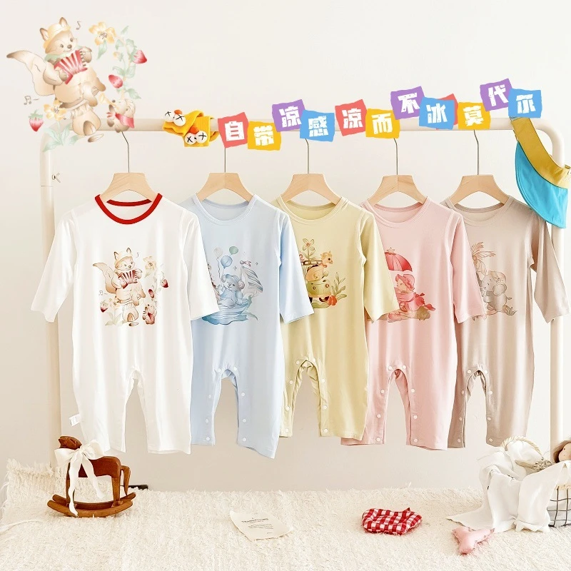 莫代尔婴儿连体衣春夏季长袖薄款新生宝宝长袖哈衣套头爬服家居服