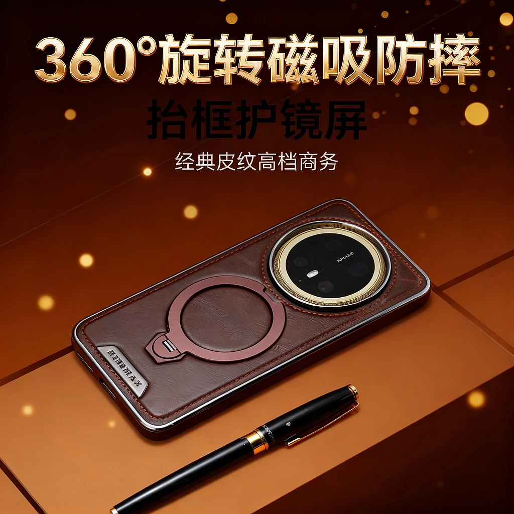 适用于华为Mate70Pro+高级感旋转支架磁吸手机壳高档皮质Mate60男