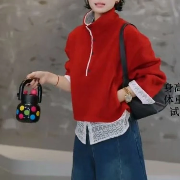 多一“寻梦”2025冬季新款时尚蕾丝拼接厚款假两件女款百搭上衣