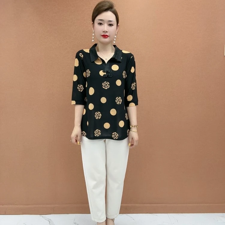 秋新款加大码宽松印花盘扣时尚减龄遮肚显瘦中老年妈妈装衬衫上衣