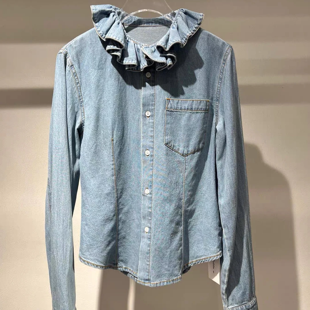 肉肉家*大码荷叶边牛仔衬衫