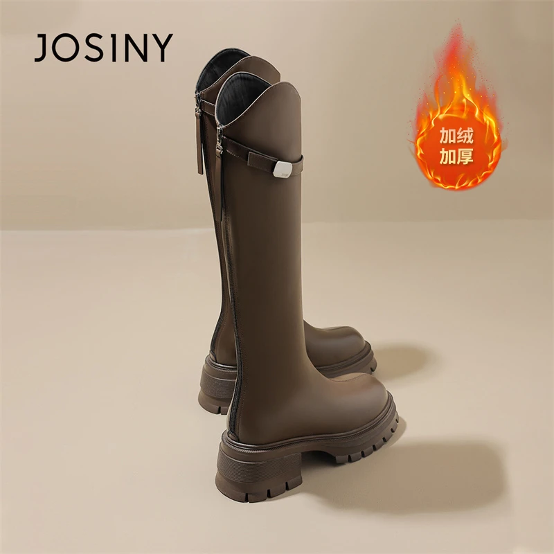 卓诗尼v口厚底长筒靴女骑士靴2024冬季新款加绒加厚棕色时装靴子