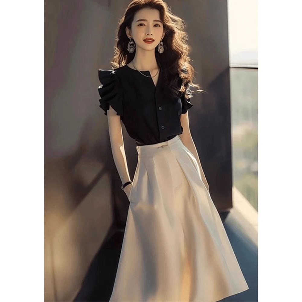 流行套装裙女2025新款夏季轻奢高级感气质黑色衬衫两件套