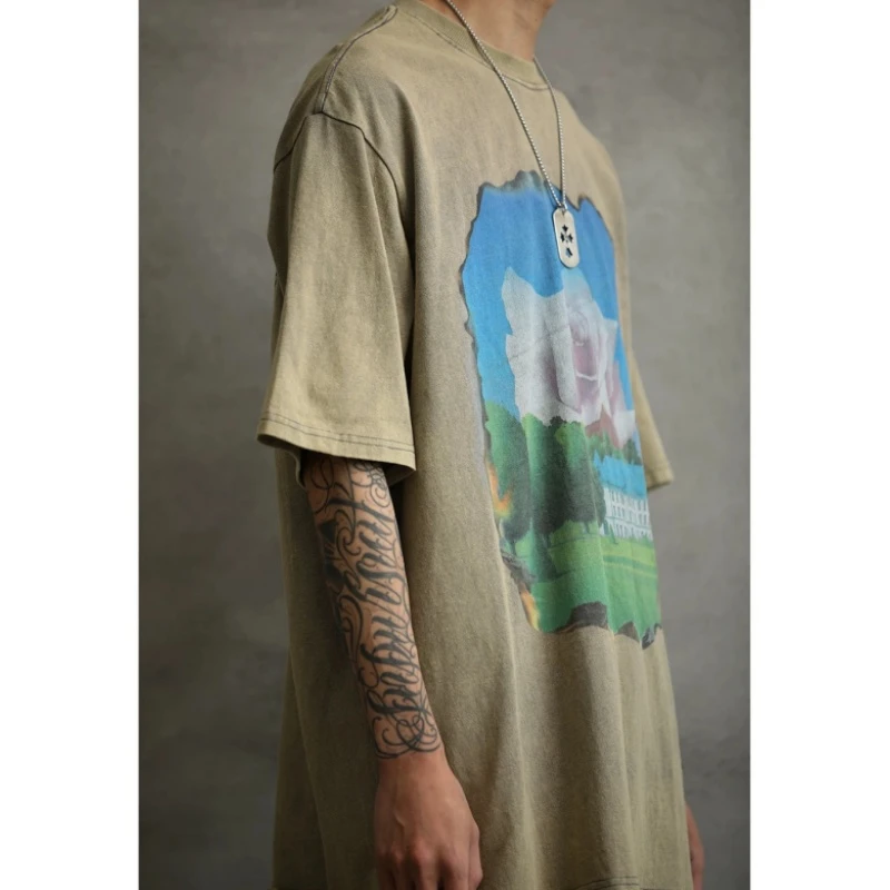 夏季美式复古花朵做旧水洗炒色宽松休闲印花短袖t恤男潮