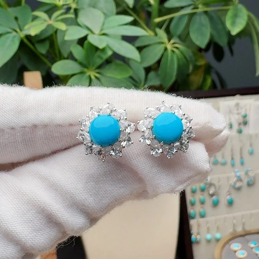 绿松石银S925镶嵌耳饰耳钉