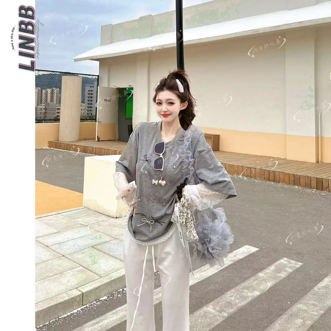 林北鼻-【手账本】韩单东大门蕾丝拼接防晒休闲T恤上衣