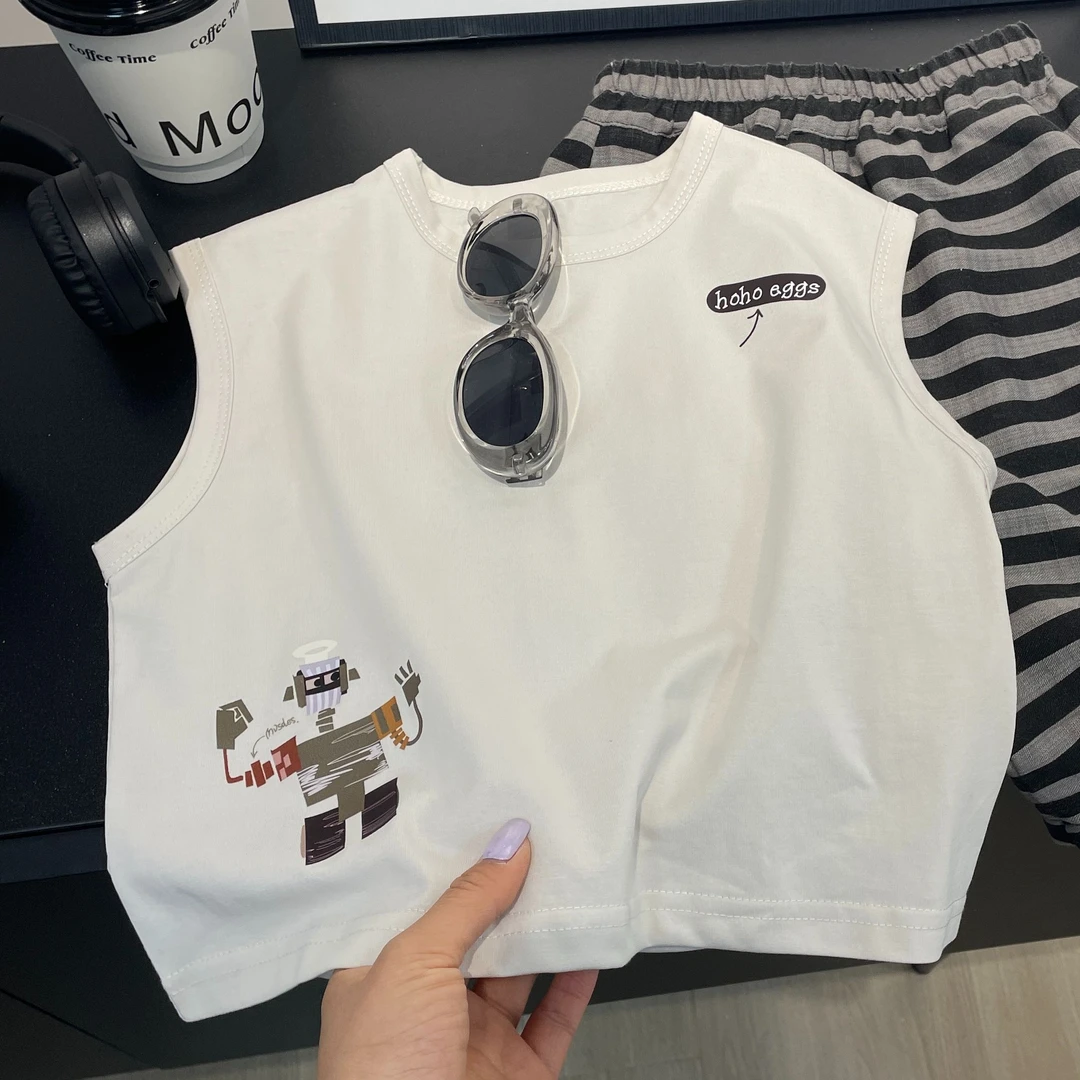 【仟与】儿童背心夏季新款男童韩版卡通印花可爱机器人上衣AX807