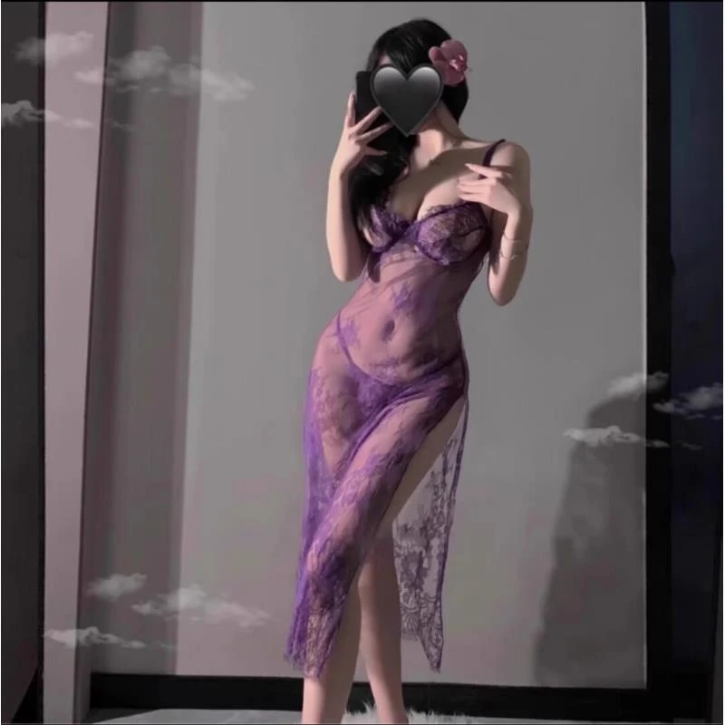 【嫣紫仙女】80-120斤薄纱吊带蕾丝开叉透视长睡裙长裙夏季长款性感