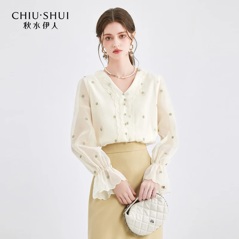 秋水伊人设计感甜美小V领衬衫春季新款女装上衣624102B060259