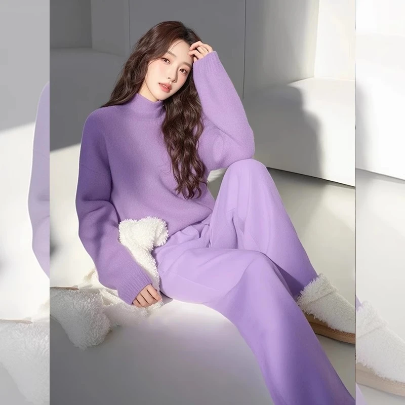 今年流行穿搭一整套时尚独特漂亮紫色毛衣休闲慵懒风套装高级感女