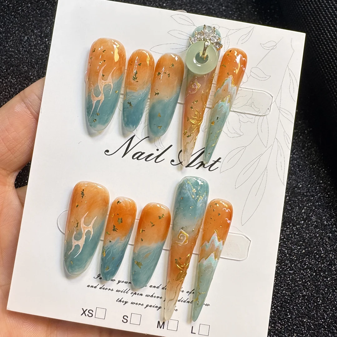 敦煌风手绘晕染手工穿戴甲高级感鎏金美甲国潮气质古风美甲贴片