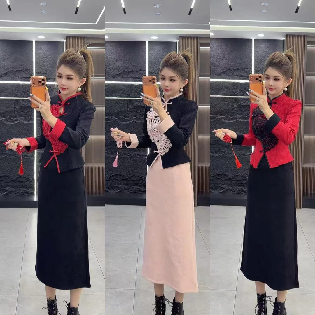 冬季6864 加厚国风盘扣上衣 加 长裙 两件套