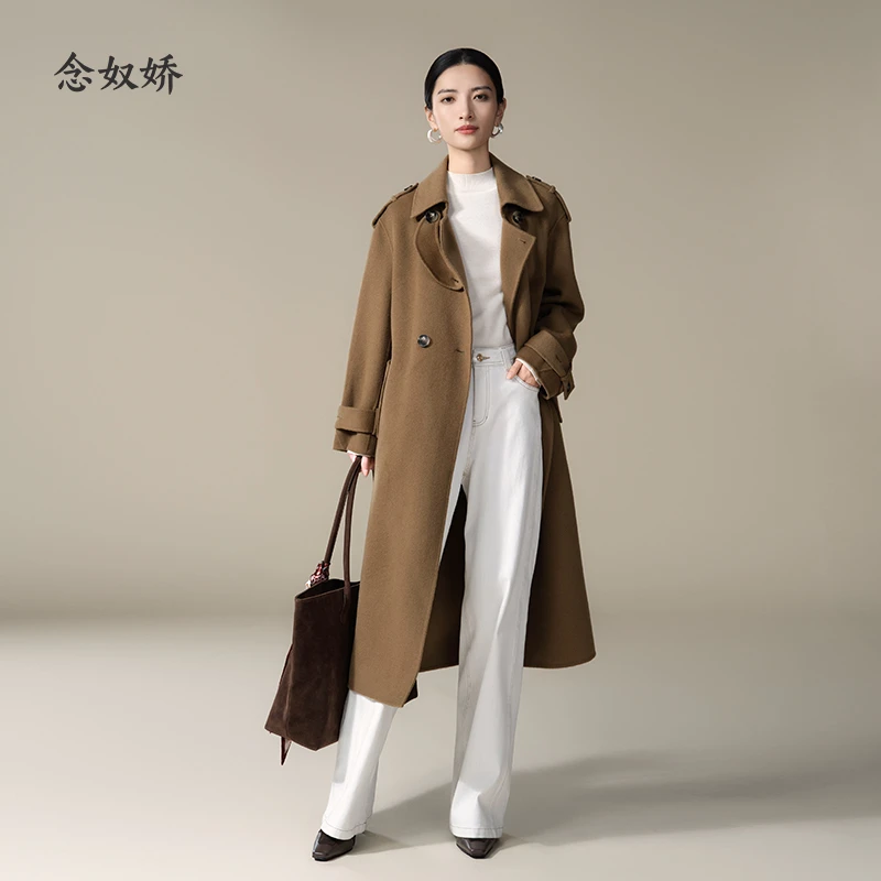 娇鼎商场同款卡其色羊毛双面呢大衣女西装领简约通勤外套CJCH913