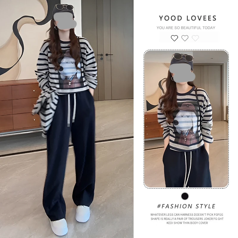 韩系休闲条纹卡通印花长袖T恤女2025春秋新款宽松慵懒风别致上衣