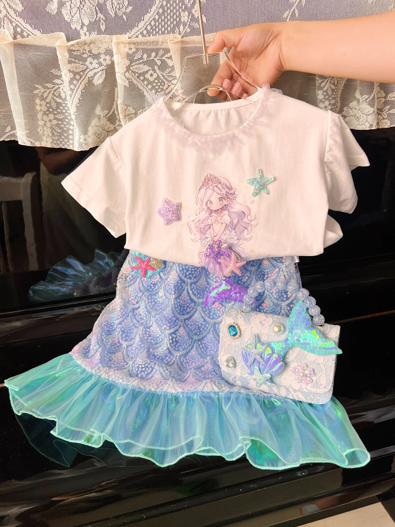MN女童爱莎美人鱼公主套装2025夏款新款洋气可爱女孩白雪公主T恤~