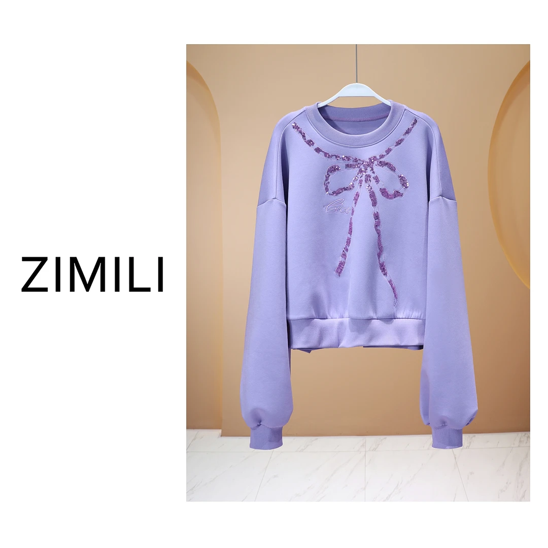 【LIANG哥女装】2025欧货莱赛尔天丝轻薄丁香紫珠片绣圆领卫衣6035