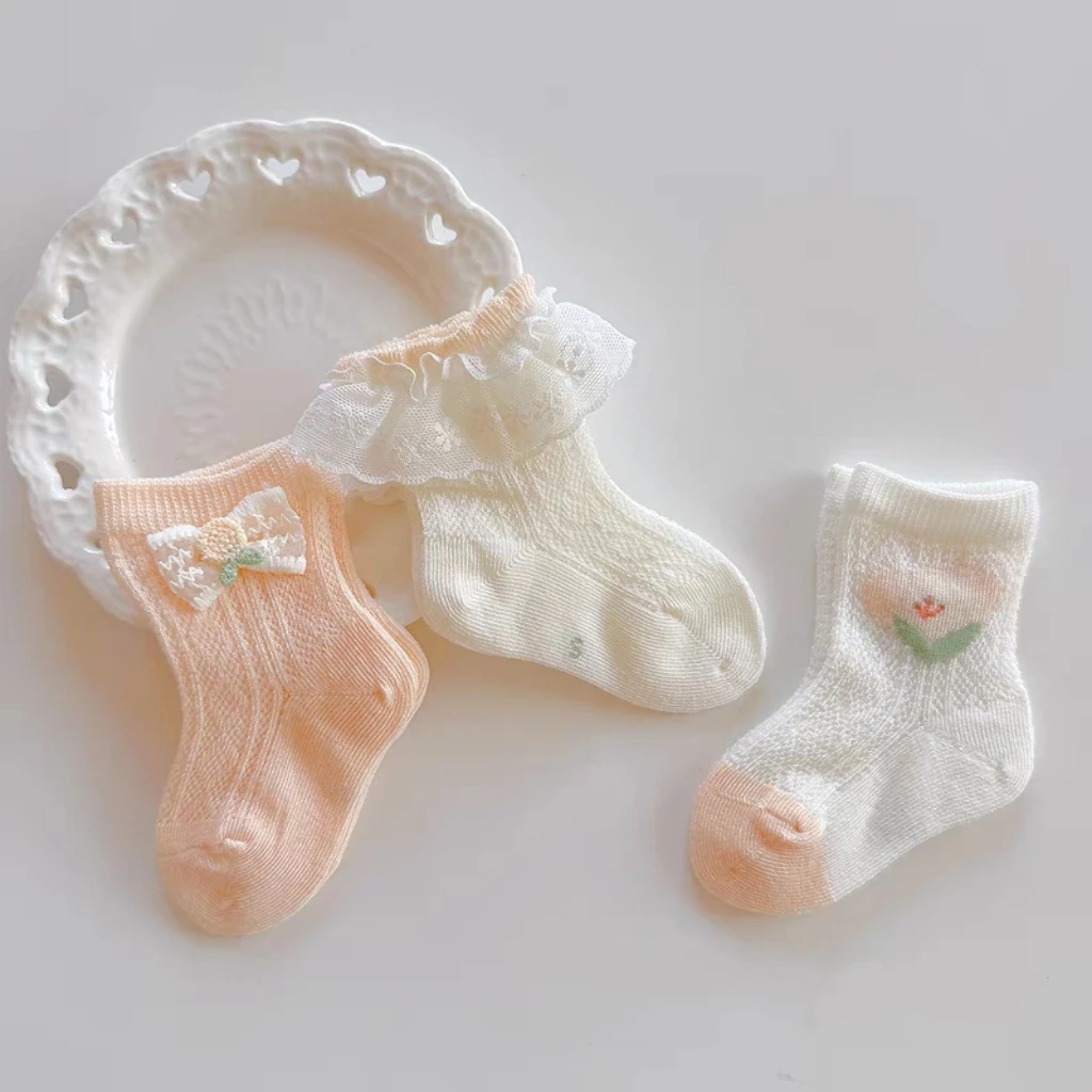 婴幼儿ins袜子夏季薄款白色蕾丝花边公主袜新生儿0-6蝴蝶结中筒袜