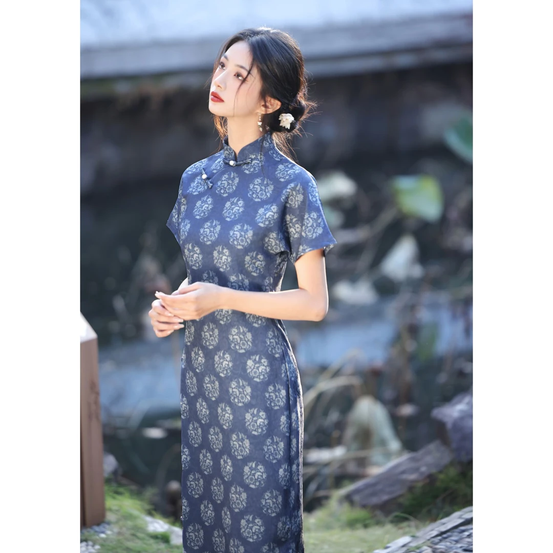 蓝色全开襟一片式古法旗袍2025春夏新款复古民国风日常可穿连衣裙