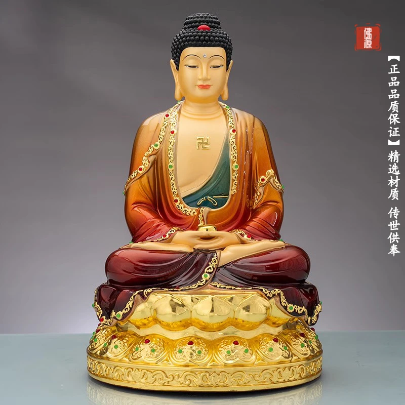 纯铜彩绘释迦牟尼像像摆件家用佛堂供奉娑婆三圣坐莲如来佛祖佛像