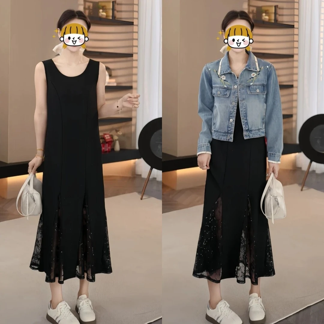 2025春季新款时尚圆领无袖背心连衣裙中长款外穿蕾丝拼接遮肚裙子