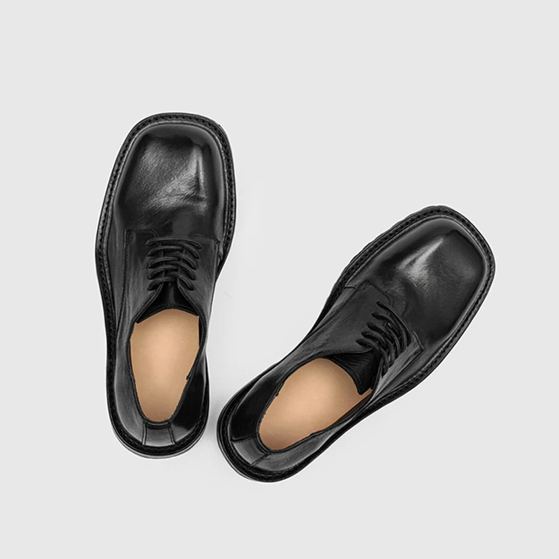 RZAAZ斜切方头水洗马皮德比鞋男固特异手工男鞋暗黑先锋厚底皮鞋