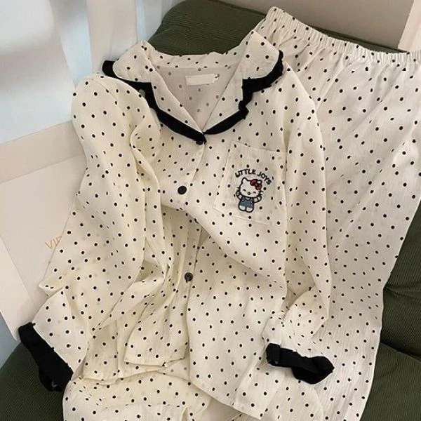 2025新款甜美波点Hello Kitty睡衣女春秋薄款长袖开衫家居服套装