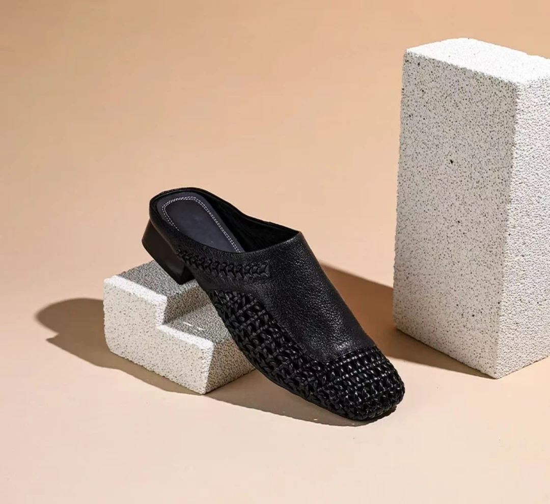 粗跟包头百搭镂空编织法式包头拖低跟平底休闲网红B729-150