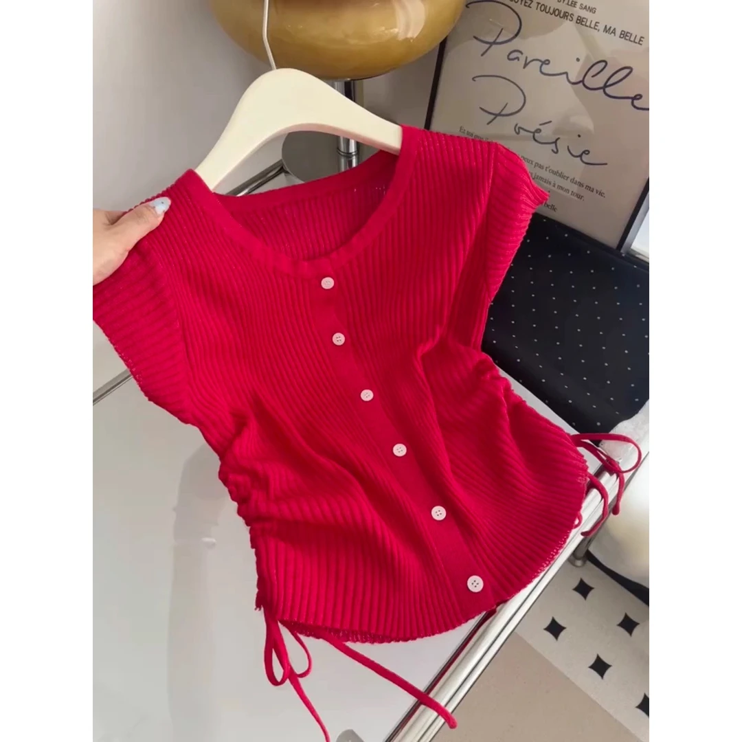 惊艳感满满！回头率高！时尚圆领小众红色针织衫女夏季新款百搭上衣