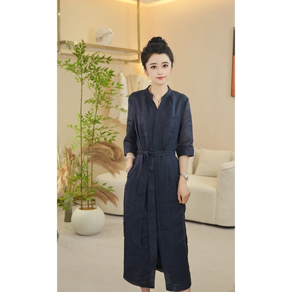 ClotheKlurd2025夏季慵懒风连衣裙系扣亚麻纯色吸汗长裙