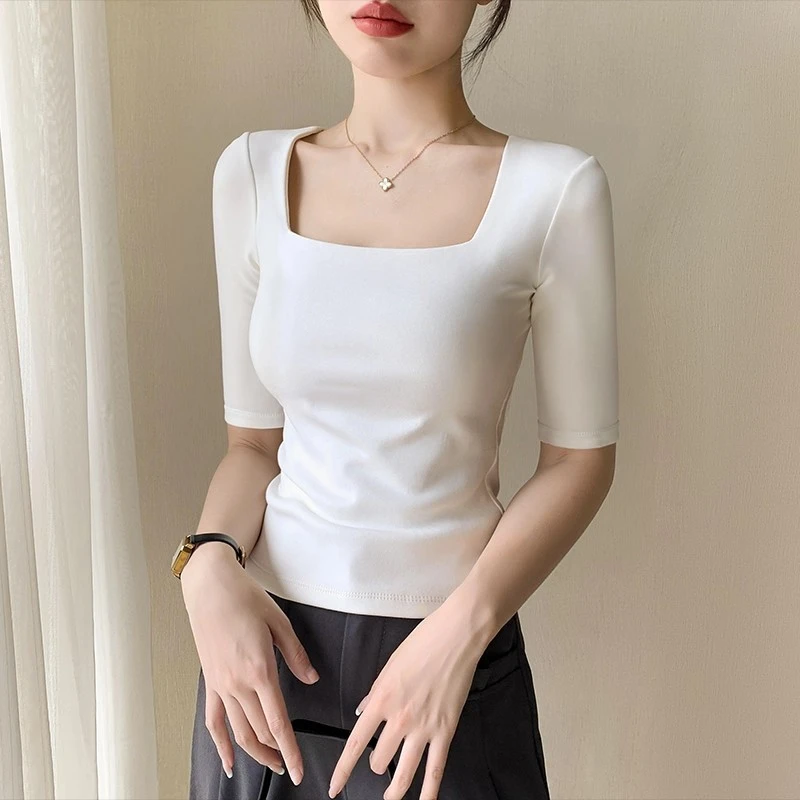 白色方领中袖t恤女2025春秋冬新款低领修身五分袖打底衫内搭上衣