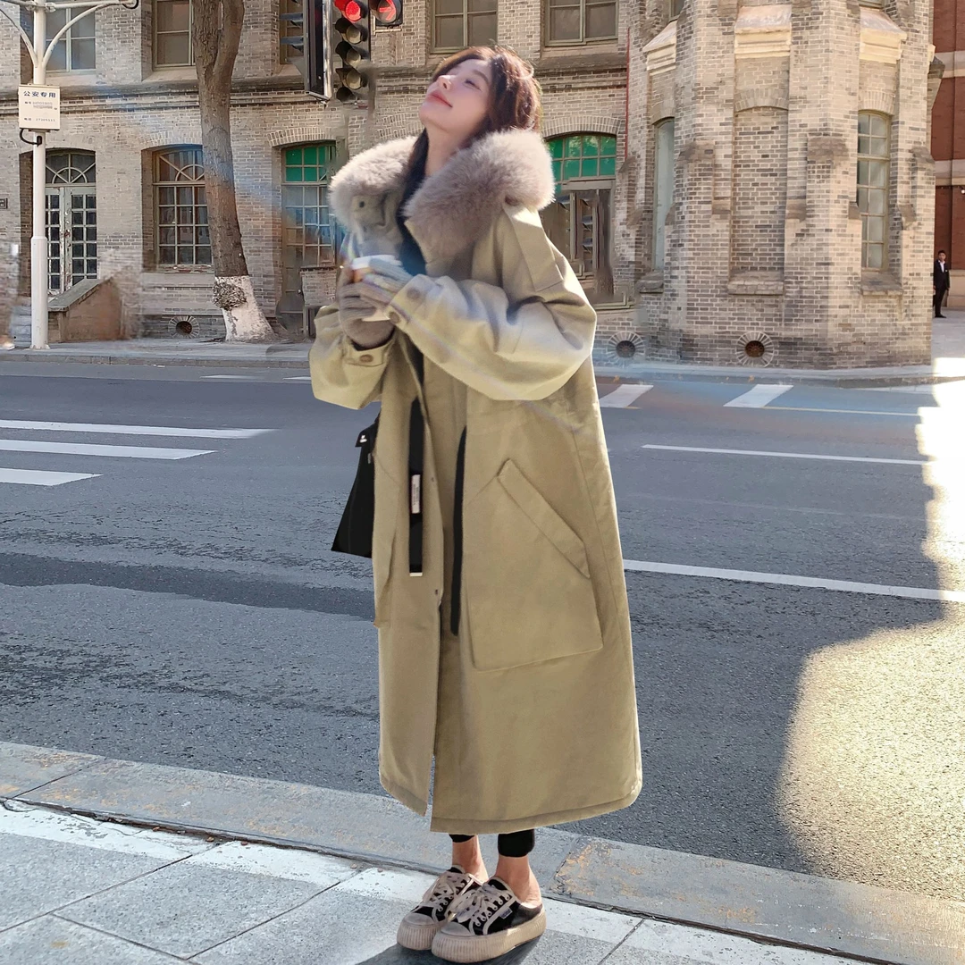 绿卡其大毛领派克服外套女2025新款冬季设计感小个子休闲长款上衣