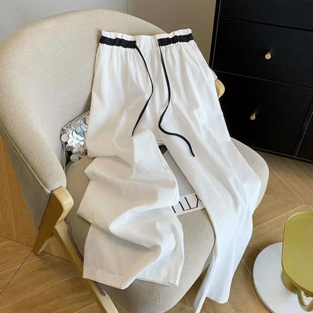 夏季新款凉感亚麻休闲阔腿裤腰头抽绳直筒休闲裤