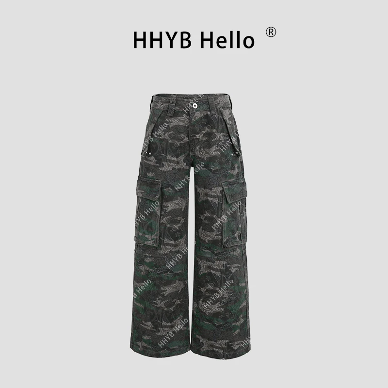 HHYB Hello腰果花美式复古迷彩多口袋工装裤2025新款长裤H60057